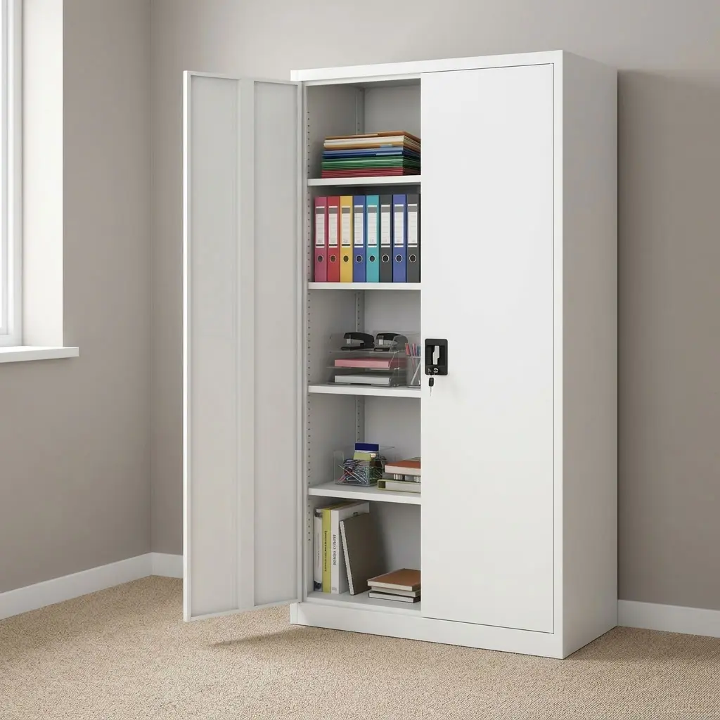 Lockable steel filing cabinet featuring a powder-coated white cold-rolled steel enclosure with double hinged doors, four height-adjustable interior metal shelves creating five storage compartments, a central key lock mechanism with a recessed black handle, and a reinforced flat floor-standing base.