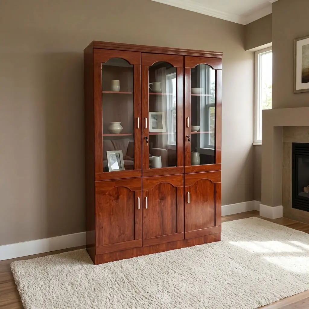 3 door wooden filing cabinet featuring a rich reddish-brown mahogany wood laminate finish, three arched clear glass upper display doors with interior storage shelves, three solid lower cabinet doors with arched panel accents, vertical metallic pull handles with key locks, and a solid floor-standing plinth base.