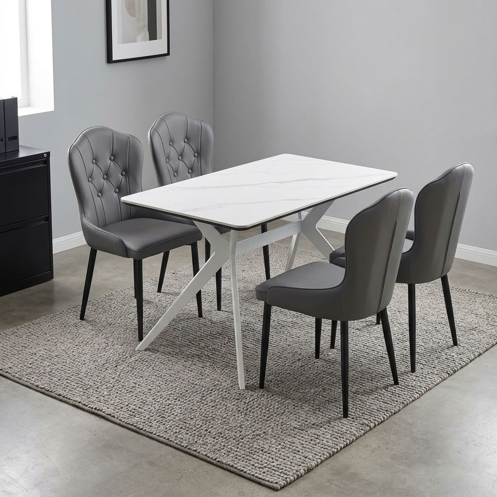 4 seater marble dining set featuring a rectangular white faux marble tabletop with subtle grey veining and four button-tufted grey faux leather upholstered dining chairs, ergonomic curved backrests with channel detailing, and white powder-coated geometric cross-trellis table legs paired with black powder-coated tapered chair metal legs.