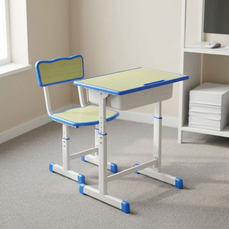 download - 2026-10-29T113457.257 Kids school study set featuring a light wood laminate desktop and matching chair seat/backrest panels with blue protective edge banding, an under-desk pull-out book storage drawer, height-adjustable telescopic legs with pin-locking security adjustments, and a white powder-coated steel frame with blue floor-protective end caps.
