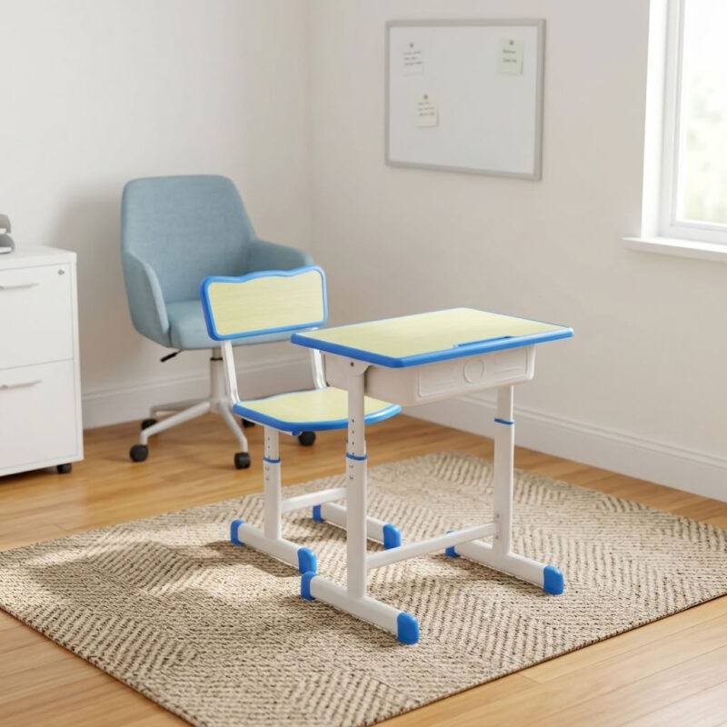 Kids school study set featuring a light wood laminate desktop and matching chair seat/backrest panels with blue protective edge banding, an under-desk pull-out book storage drawer, height-adjustable telescopic legs with pin-locking security adjustments, and a white powder-coated steel frame with blue floor-protective end caps. Kids school study set featuring a light wood laminate desktop and matching chair seat/backrest panels with blue protective edge banding, an under-desk pull-out book storage drawer, height-adjustable telescopic legs with pin-locking security adjustments, and a white powder-coated steel frame with blue floor-protective end caps.
