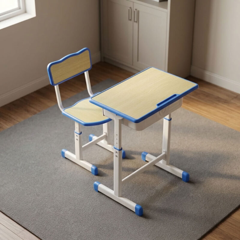 download - 2026-10-29T113508.252 Kids school study set featuring a light wood laminate desktop and matching chair seat/backrest panels with blue protective edge banding, an under-desk pull-out book storage drawer, height-adjustable telescopic legs with pin-locking security adjustments, and a white powder-coated steel frame with blue floor-protective end caps.