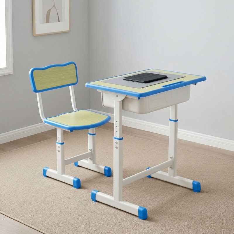 Kids school study set featuring a light wood laminate desktop and matching chair seat/backrest panels with blue protective edge banding, an under-desk pull-out book storage drawer, height-adjustable telescopic legs with pin-locking security adjustments, and a white powder-coated steel frame with blue floor-protective end caps. Kids school study set featuring a light wood laminate desktop and matching chair seat/backrest panels with blue protective edge banding, an under-desk pull-out book storage drawer, height-adjustable telescopic legs with pin-locking security adjustments, and a white powder-coated steel frame with blue floor-protective end caps.