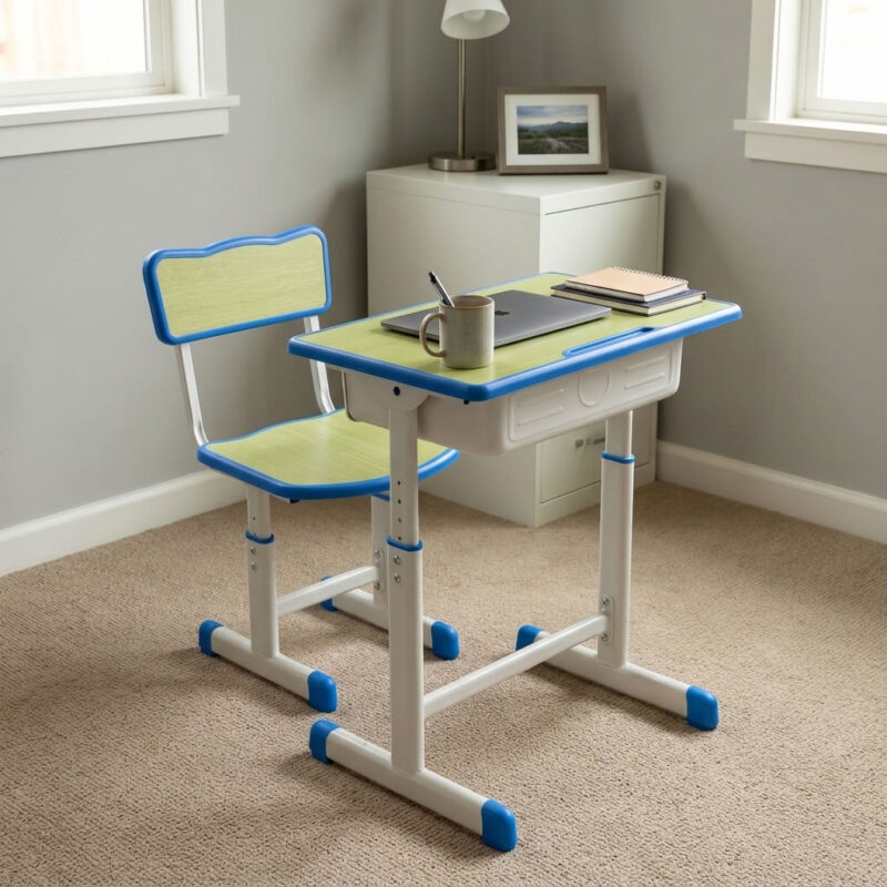 Kids school study set featuring a light wood laminate desktop and matching chair seat/backrest panels with blue protective edge banding, an under-desk pull-out book storage drawer, height-adjustable telescopic legs with pin-locking security adjustments, and a white powder-coated steel frame with blue floor-protective end caps. Kids school study set featuring a light wood laminate desktop and matching chair seat/backrest panels with blue protective edge banding, an under-desk pull-out book storage drawer, height-adjustable telescopic legs with pin-locking security adjustments, and a white powder-coated steel frame with blue floor-protective end caps.