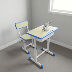 Kids school study set featuring a light wood laminate desktop and matching chair seat/backrest panels with blue protective edge banding, an under-desk pull-out book storage drawer, height-adjustable telescopic legs with pin-locking security adjustments, and a white powder-coated steel frame with blue floor-protective end caps. Kids school study set featuring a light wood laminate desktop and matching chair seat/backrest panels with blue protective edge banding, an under-desk pull-out book storage drawer, height-adjustable telescopic legs with pin-locking security adjustments, and a white powder-coated steel frame with blue floor-protective end caps.