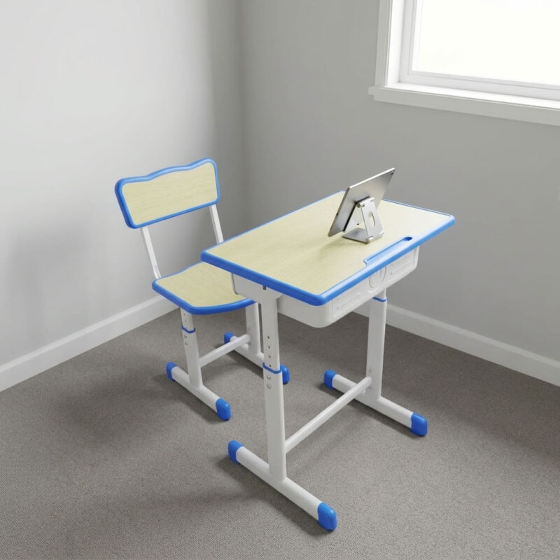 Kids school study set featuring a light wood laminate desktop and matching chair seat/backrest panels with blue protective edge banding, an under-desk pull-out book storage drawer, height-adjustable telescopic legs with pin-locking security adjustments, and a white powder-coated steel frame with blue floor-protective end caps. Kids school study set featuring a light wood laminate desktop and matching chair seat/backrest panels with blue protective edge banding, an under-desk pull-out book storage drawer, height-adjustable telescopic legs with pin-locking security adjustments, and a white powder-coated steel frame with blue floor-protective end caps.
