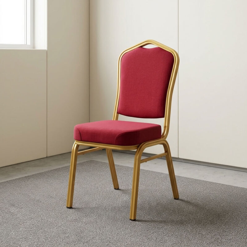 Red fabric stackable event chair featuring rich crimson red fabric upholstery, a high-density padded crown-back backrest with integrated top handhold cut-out and thick cushioned seat, armless space-saving stackable design with frame bumper guards, and a heavy-duty metallic gold powder-coated tubular steel four-legged frame equipped with protective floor glides. Red fabric stackable event chair featuring rich crimson red fabric upholstery, a high-density padded crown-back backrest with integrated top handhold cut-out and thick cushioned seat, armless space-saving stackable design with frame bumper guards, and a heavy-duty metallic gold powder-coated tubular steel four-legged frame equipped with protective floor glides.