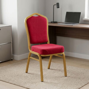 Red fabric stackable event chair featuring rich crimson red fabric upholstery, a high-density padded crown-back backrest with integrated top handhold cut-out and thick cushioned seat, armless space-saving stackable design with frame bumper guards, and a heavy-duty metallic gold powder-coated tubular steel four-legged frame equipped with protective floor glides. Red fabric stackable event chair featuring rich crimson red fabric upholstery, a high-density padded crown-back backrest with integrated top handhold cut-out and thick cushioned seat, armless space-saving stackable design with frame bumper guards, and a heavy-duty metallic gold powder-coated tubular steel four-legged frame equipped with protective floor glides.