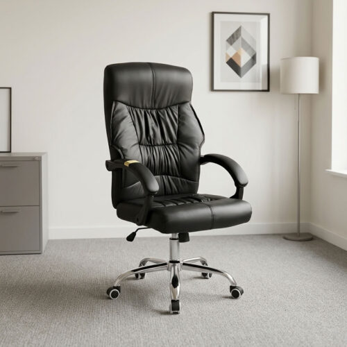 Executive reclining chair featuring plush gathered black leather upholstery with a high-back ergonomic design and integrated headrest cushioning, padded loop armrests, pneumatic seat height adjustment with tilt and recline mechanism, and a heavy-duty polished chrome five-star base equipped with smooth-rolling dual-wheel casters. Executive reclining chair featuring plush gathered black leather upholstery with a high-back ergonomic design and integrated headrest cushioning, padded loop armrests, pneumatic seat height adjustment with tilt and recline mechanism, and a heavy-duty polished chrome five-star base equipped with smooth-rolling dual-wheel casters.