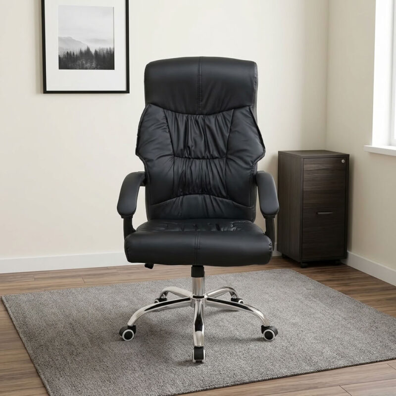 Executive reclining chair featuring plush gathered black leather upholstery with a high-back ergonomic design and integrated headrest cushioning, padded loop armrests, pneumatic seat height adjustment with tilt and recline mechanism, and a heavy-duty polished chrome five-star base equipped with smooth-rolling dual-wheel casters.