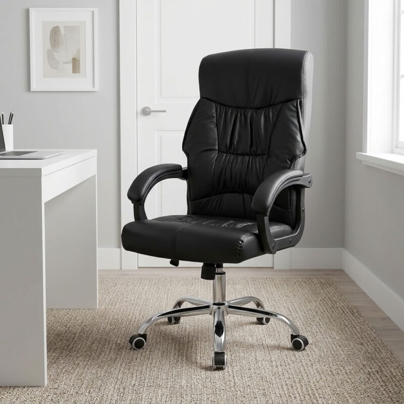 Executive reclining chair featuring plush gathered black leather upholstery with a high-back ergonomic design and integrated headrest cushioning, padded loop armrests, pneumatic seat height adjustment with tilt and recline mechanism, and a heavy-duty polished chrome five-star base equipped with smooth-rolling dual-wheel casters.