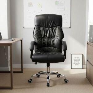 Executive reclining chair featuring plush gathered black leather upholstery with a high-back ergonomic design and integrated headrest cushioning, padded loop armrests, pneumatic seat height adjustment with tilt and recline mechanism, and a heavy-duty polished chrome five-star base equipped with smooth-rolling dual-wheel casters.