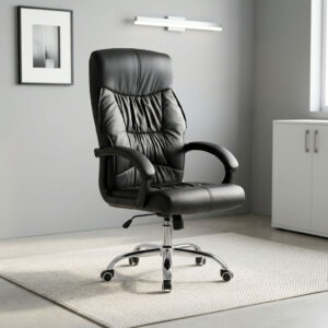 Executive reclining chair featuring plush gathered black leather upholstery with a high-back ergonomic design and integrated headrest cushioning, padded loop armrests, pneumatic seat height adjustment with tilt and recline mechanism, and a heavy-duty polished chrome five-star base equipped with smooth-rolling dual-wheel casters.