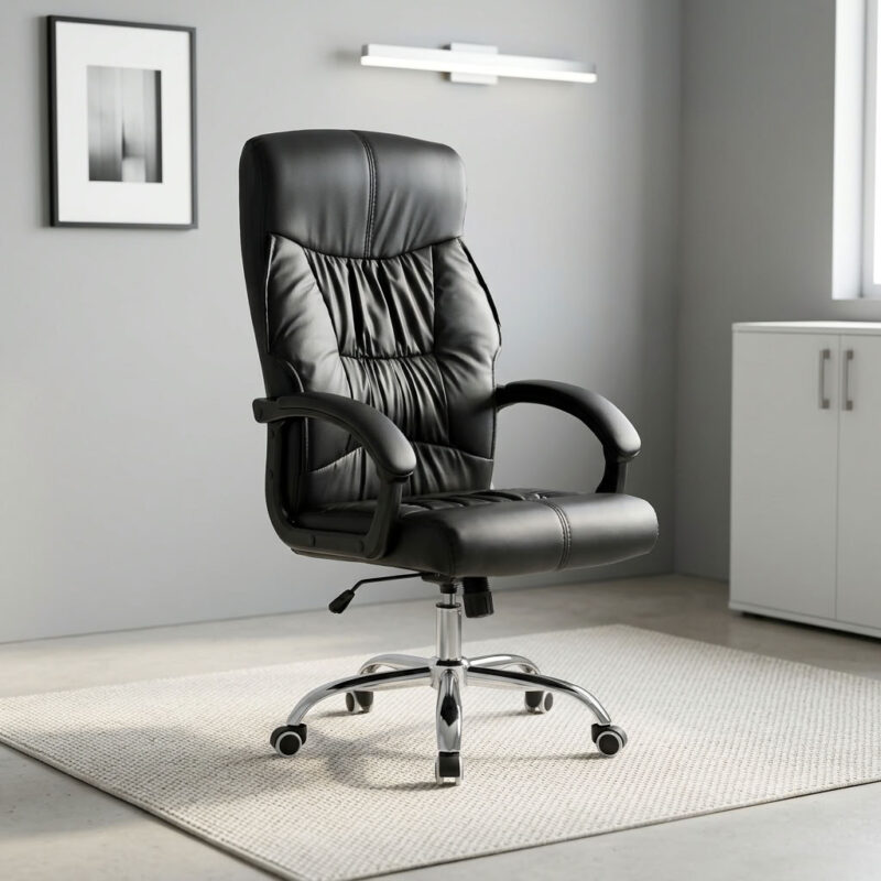 Executive reclining chair featuring plush gathered black leather upholstery with a high-back ergonomic design and integrated headrest cushioning, padded loop armrests, pneumatic seat height adjustment with tilt and recline mechanism, and a heavy-duty polished chrome five-star base equipped with smooth-rolling dual-wheel casters.
