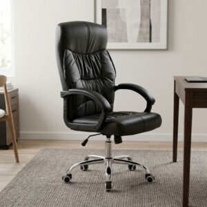 Executive reclining chair featuring plush gathered black leather upholstery with a high-back ergonomic design and integrated headrest cushioning, padded loop armrests, pneumatic seat height adjustment with tilt and recline mechanism, and a heavy-duty polished chrome five-star base equipped with smooth-rolling dual-wheel casters.
