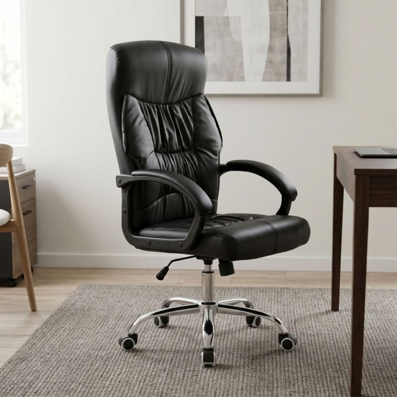 Executive reclining chair featuring plush gathered black leather upholstery with a high-back ergonomic design and integrated headrest cushioning, padded loop armrests, pneumatic seat height adjustment with tilt and recline mechanism, and a heavy-duty polished chrome five-star base equipped with smooth-rolling dual-wheel casters.