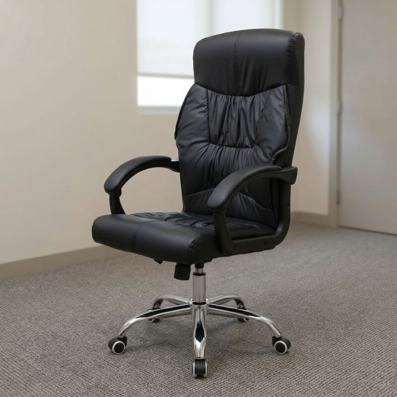 Executive reclining chair featuring plush gathered black leather upholstery with a high-back ergonomic design and integrated headrest cushioning, padded loop armrests, pneumatic seat height adjustment with tilt and recline mechanism, and a heavy-duty polished chrome five-star base equipped with smooth-rolling dual-wheel casters.