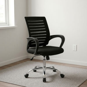 Strong mesh clerical office chair featuring a breathable black mesh backrest with horizontal striped detailing, a padded fabric seat cushion, fixed curved ergonomic armrests, pneumatic seat height adjustment with tilt tension control, and a heavy-duty polished chrome five-star base equipped with smooth-rolling dual-wheel casters.