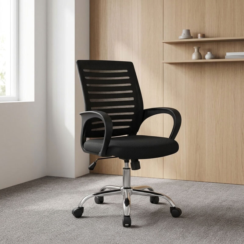 Strong mesh clerical office chair featuring a breathable black mesh backrest with horizontal striped detailing, a padded fabric seat cushion, fixed curved ergonomic armrests, pneumatic seat height adjustment with tilt tension control, and a heavy-duty polished chrome five-star base equipped with smooth-rolling dual-wheel casters.