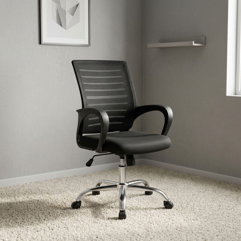 Strong mesh clerical office chair featuring a breathable black mesh backrest with horizontal striped detailing, a padded fabric seat cushion, fixed curved ergonomic armrests, pneumatic seat height adjustment with tilt tension control, and a heavy-duty polished chrome five-star base equipped with smooth-rolling dual-wheel casters.