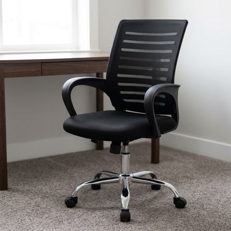 Strong mesh clerical office chair featuring a breathable black mesh backrest with horizontal striped detailing, a padded fabric seat cushion, fixed curved ergonomic armrests, pneumatic seat height adjustment with tilt tension control, and a heavy-duty polished chrome five-star base equipped with smooth-rolling dual-wheel casters.