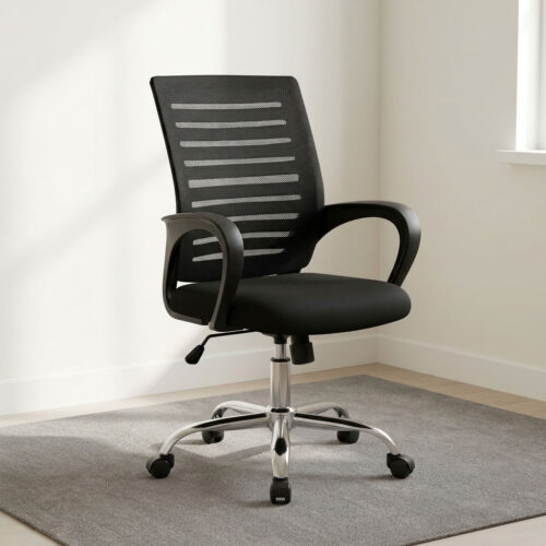 Strong mesh clerical office chair featuring a breathable black mesh backrest with horizontal striped detailing, a padded fabric seat cushion, fixed curved ergonomic armrests, pneumatic seat height adjustment with tilt tension control, and a heavy-duty polished chrome five-star base equipped with smooth-rolling dual-wheel casters. Strong mesh clerical office chair featuring a breathable black mesh backrest with horizontal striped detailing, a padded fabric seat cushion, fixed curved ergonomic armrests, pneumatic seat height adjustment with tilt tension control, and a heavy-duty polished chrome five-star base equipped with smooth-rolling dual-wheel casters.