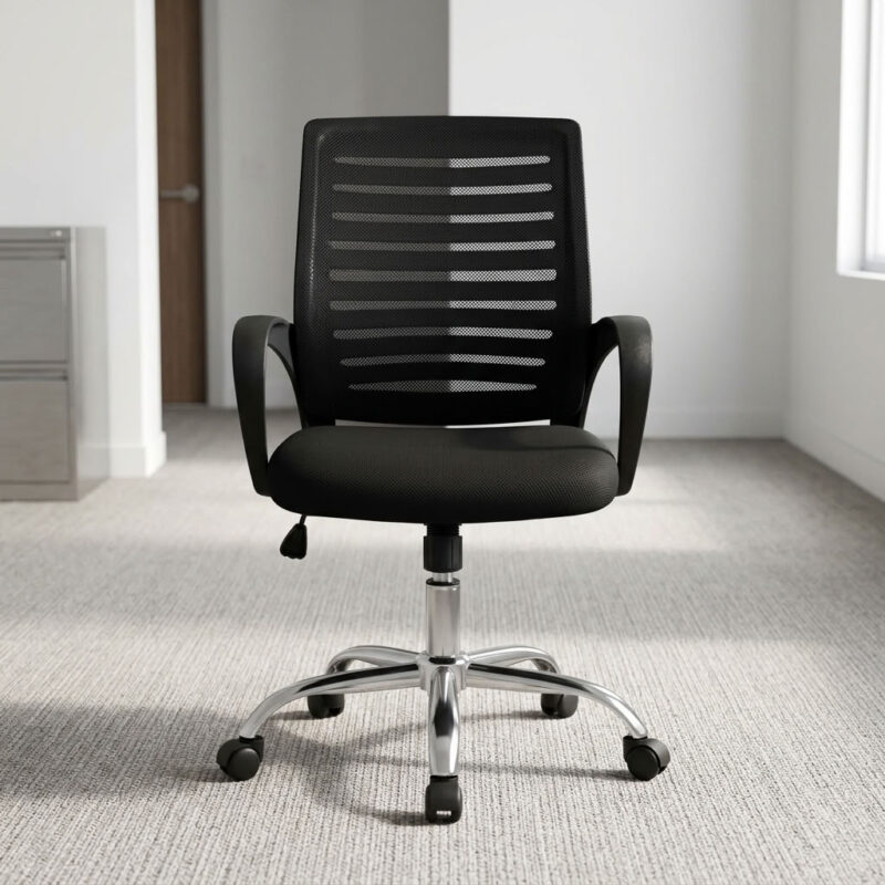 Low back secretarial office seat featuring a breathable black mesh backrest with horizontal striped detailing, a padded fabric seat cushion, fixed curved ergonomic armrests, pneumatic seat height adjustment with tilt tension control, and a heavy-duty polished chrome five-star base equipped with smooth-rolling dual-wheel casters.