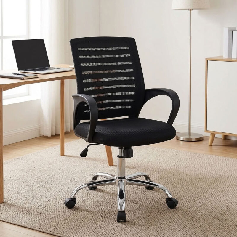 Low back secretarial office seat featuring a breathable black mesh backrest with horizontal striped detailing, a padded fabric seat cushion, fixed curved ergonomic armrests, pneumatic seat height adjustment with tilt tension control, and a heavy-duty polished chrome five-star base equipped with smooth-rolling dual-wheel casters.