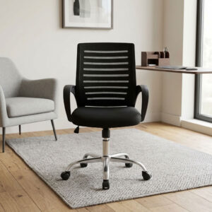 Low back secretarial office seat featuring a breathable black mesh backrest with horizontal striped detailing, a padded fabric seat cushion, fixed curved ergonomic armrests, pneumatic seat height adjustment with tilt tension control, and a heavy-duty polished chrome five-star base equipped with smooth-rolling dual-wheel casters.