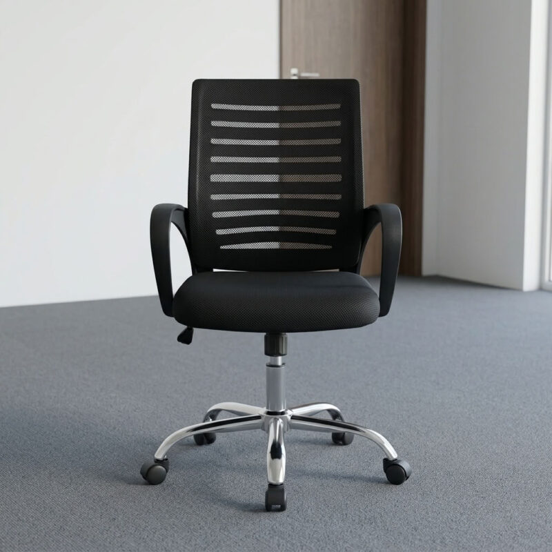 Low back secretarial office seat featuring a breathable black mesh backrest with horizontal striped detailing, a padded fabric seat cushion, fixed curved ergonomic armrests, pneumatic seat height adjustment with tilt tension control, and a heavy-duty polished chrome five-star base equipped with smooth-rolling dual-wheel casters.