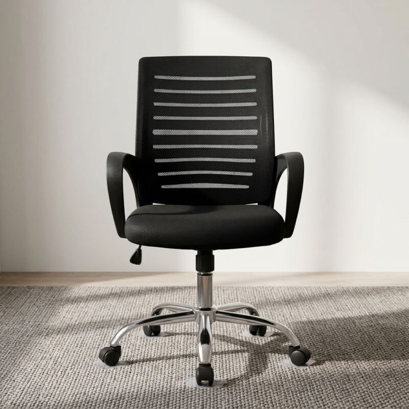 Low back secretarial office seat featuring a breathable black mesh backrest with horizontal striped detailing, a padded fabric seat cushion, fixed curved ergonomic armrests, pneumatic seat height adjustment with tilt tension control, and a heavy-duty polished chrome five-star base equipped with smooth-rolling dual-wheel casters.