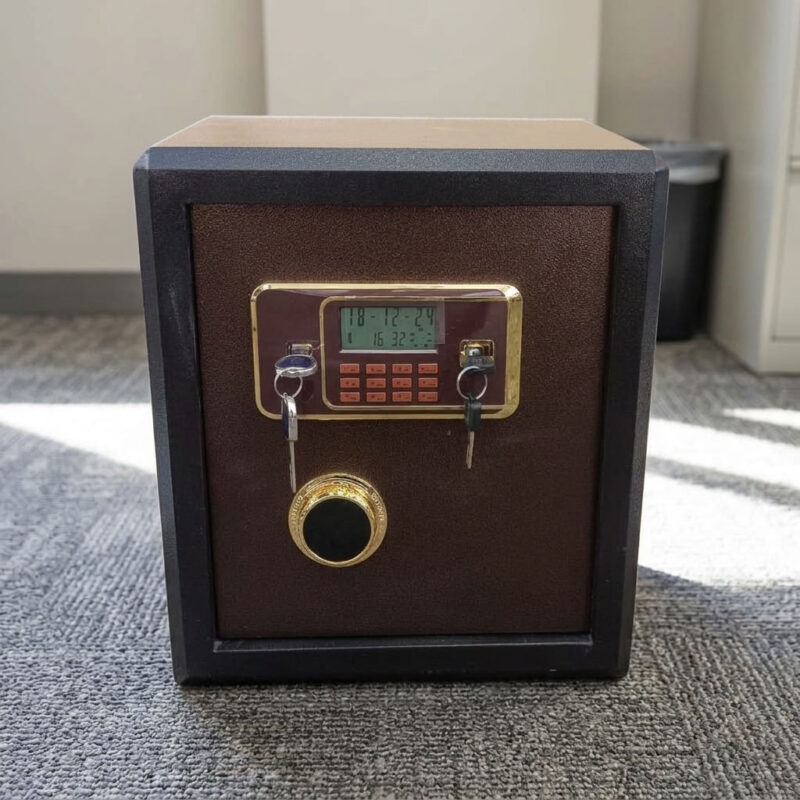 40kgs fireproof safebox featuring a heavy-duty dark brown and black powder-coated alloy steel body, a gold-trimmed electronic digital keypad with an LCD display screen, dual-key override locking mechanisms with a rotary turn knob, motorized live-locking bolts for high-security storage, and a solid flat base with floor-protective glides.