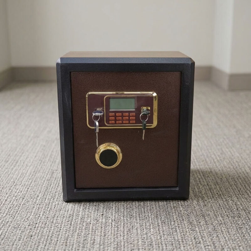 40kgs fireproof safebox featuring a heavy-duty dark brown and black powder-coated alloy steel body, a gold-trimmed electronic digital keypad with an LCD display screen, dual-key override locking mechanisms with a rotary turn knob, motorized live-locking bolts for high-security storage, and a solid flat base with floor-protective glides.