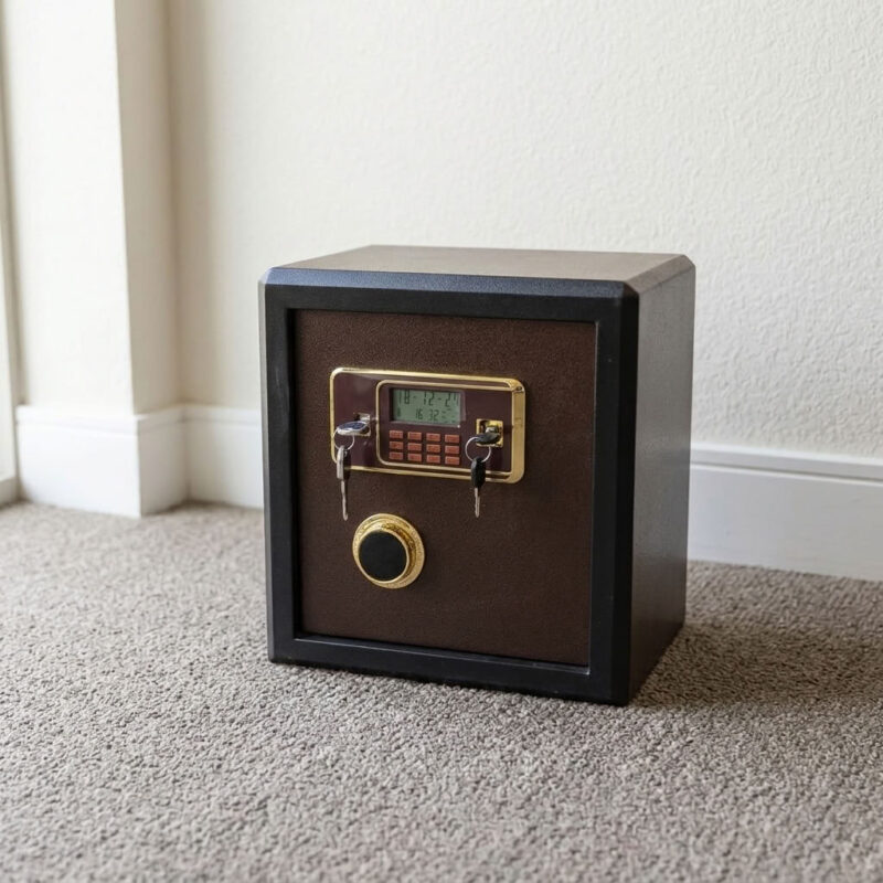 40kgs fireproof safebox featuring a heavy-duty dark brown and black powder-coated alloy steel body, a gold-trimmed electronic digital keypad with an LCD display screen, dual-key override locking mechanisms with a rotary turn knob, motorized live-locking bolts for high-security storage, and a solid flat base with floor-protective glides.