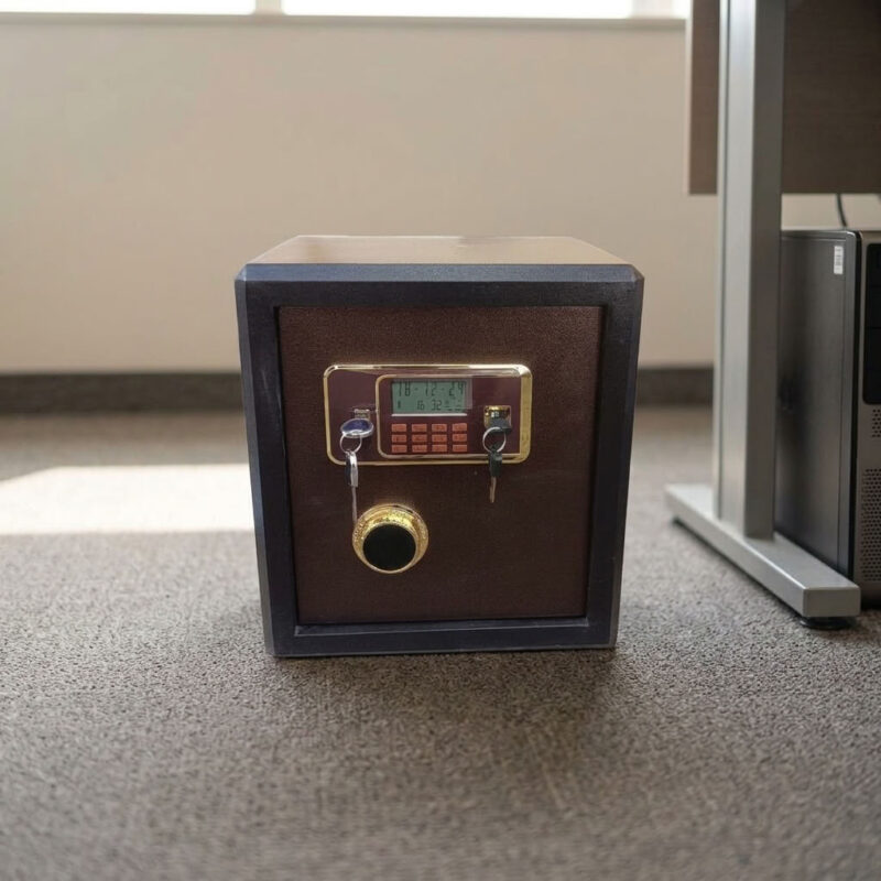 40kgs fireproof safebox featuring a heavy-duty dark brown and black powder-coated alloy steel body, a gold-trimmed electronic digital keypad with an LCD display screen, dual-key override locking mechanisms with a rotary turn knob, motorized live-locking bolts for high-security storage, and a solid flat base with floor-protective glides.