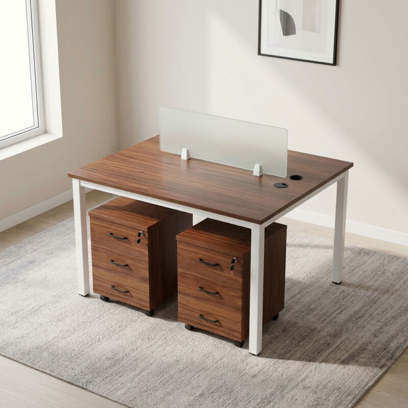 2-way open workstation featuring twin back-to-back dark walnut wood grain laminate desktops separated by a central translucent frosted glass privacy divider screen, two mobile lockable three-drawer storage pedestals with black curved handles, integrated desktop cable grommets, and a sturdy white powder-coated steel loop-leg frame equipped with floor-protective glides.