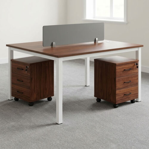 2-way open workstation featuring twin back-to-back dark walnut wood grain laminate desktops separated by a central translucent frosted glass privacy divider screen, two mobile lockable three-drawer storage pedestals with black curved handles, integrated desktop cable grommets, and a sturdy white powder-coated steel loop-leg frame equipped with floor-protective glides. 2-way open workstation featuring twin back-to-back dark walnut wood grain laminate desktops separated by a central translucent frosted glass privacy divider screen, two mobile lockable three-drawer storage pedestals with black curved handles, integrated desktop cable grommets, and a sturdy white powder-coated steel loop-leg frame equipped with floor-protective glides.