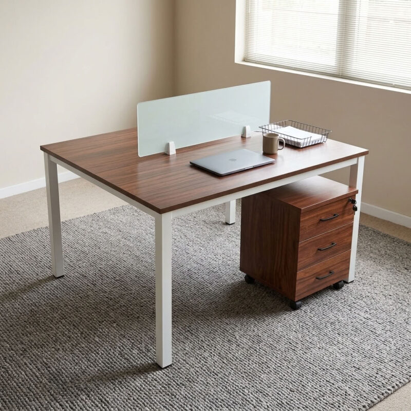 2-way open workstation featuring twin back-to-back dark walnut wood grain laminate desktops separated by a central translucent frosted glass privacy divider screen, two mobile lockable three-drawer storage pedestals with black curved handles, integrated desktop cable grommets, and a sturdy white powder-coated steel loop-leg frame equipped with floor-protective glides.