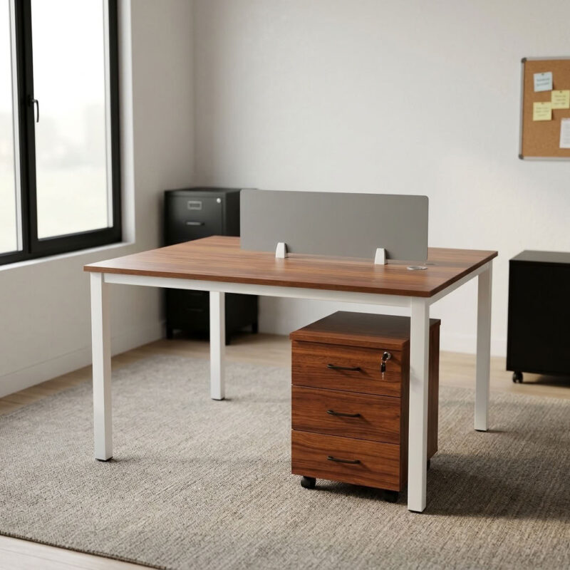 2-way open workstation featuring twin back-to-back dark walnut wood grain laminate desktops separated by a central translucent frosted glass privacy divider screen, two mobile lockable three-drawer storage pedestals with black curved handles, integrated desktop cable grommets, and a sturdy white powder-coated steel loop-leg frame equipped with floor-protective glides.