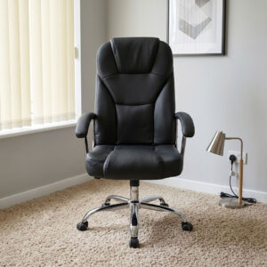 Leather swivel office seat featuring plush black faux leather upholstery with segmented ergonomic backrest padding and integrated headrest support, padded armrests with polished chrome accents, pneumatic seat height adjustment with tilt and swivel mechanism, and a heavy-duty polished chrome five-star base equipped with smooth-rolling dual-wheel casters.