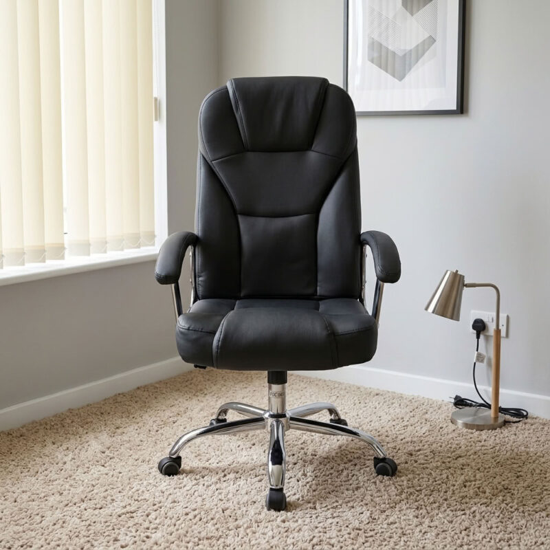 Leather swivel office seat featuring plush black faux leather upholstery with segmented ergonomic backrest padding and integrated headrest support, padded armrests with polished chrome accents, pneumatic seat height adjustment with tilt and swivel mechanism, and a heavy-duty polished chrome five-star base equipped with smooth-rolling dual-wheel casters.