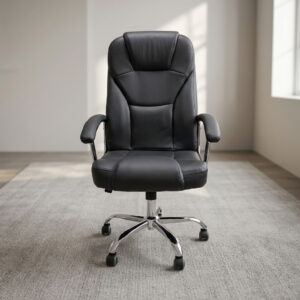 Leather swivel office seat featuring plush black faux leather upholstery with segmented ergonomic backrest padding and integrated headrest support, padded armrests with polished chrome accents, pneumatic seat height adjustment with tilt and swivel mechanism, and a heavy-duty polished chrome five-star base equipped with smooth-rolling dual-wheel casters.
