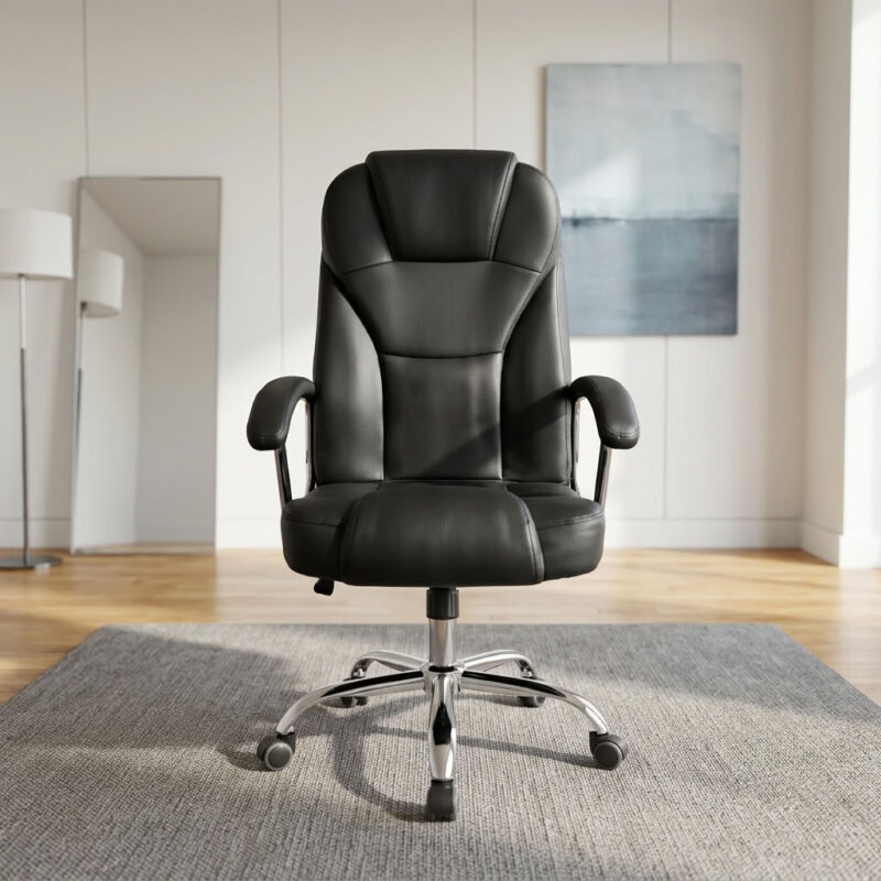 Leather swivel office seat featuring plush black faux leather upholstery with segmented ergonomic backrest padding and integrated headrest support, padded armrests with polished chrome accents, pneumatic seat height adjustment with tilt and swivel mechanism, and a heavy-duty polished chrome five-star base equipped with smooth-rolling dual-wheel casters.