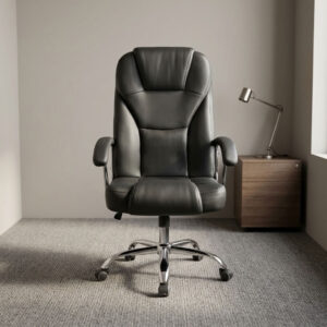 Leather swivel office seat featuring plush black faux leather upholstery with segmented ergonomic backrest padding and integrated headrest support, padded armrests with polished chrome accents, pneumatic seat height adjustment with tilt and swivel mechanism, and a heavy-duty polished chrome five-star base equipped with smooth-rolling dual-wheel casters.