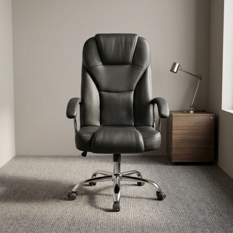 Leather swivel office seat featuring plush black faux leather upholstery with segmented ergonomic backrest padding and integrated headrest support, padded armrests with polished chrome accents, pneumatic seat height adjustment with tilt and swivel mechanism, and a heavy-duty polished chrome five-star base equipped with smooth-rolling dual-wheel casters.