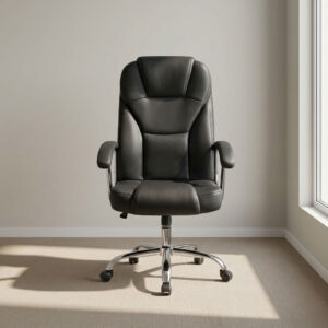 Leather swivel office seat featuring plush black faux leather upholstery with segmented ergonomic backrest padding and integrated headrest support, padded armrests with polished chrome accents, pneumatic seat height adjustment with tilt and swivel mechanism, and a heavy-duty polished chrome five-star base equipped with smooth-rolling dual-wheel casters.