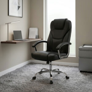 Leather swivel office seat featuring plush black faux leather upholstery with segmented ergonomic backrest padding and integrated headrest support, padded armrests with polished chrome accents, pneumatic seat height adjustment with tilt and swivel mechanism, and a heavy-duty polished chrome five-star base equipped with smooth-rolling dual-wheel casters.
