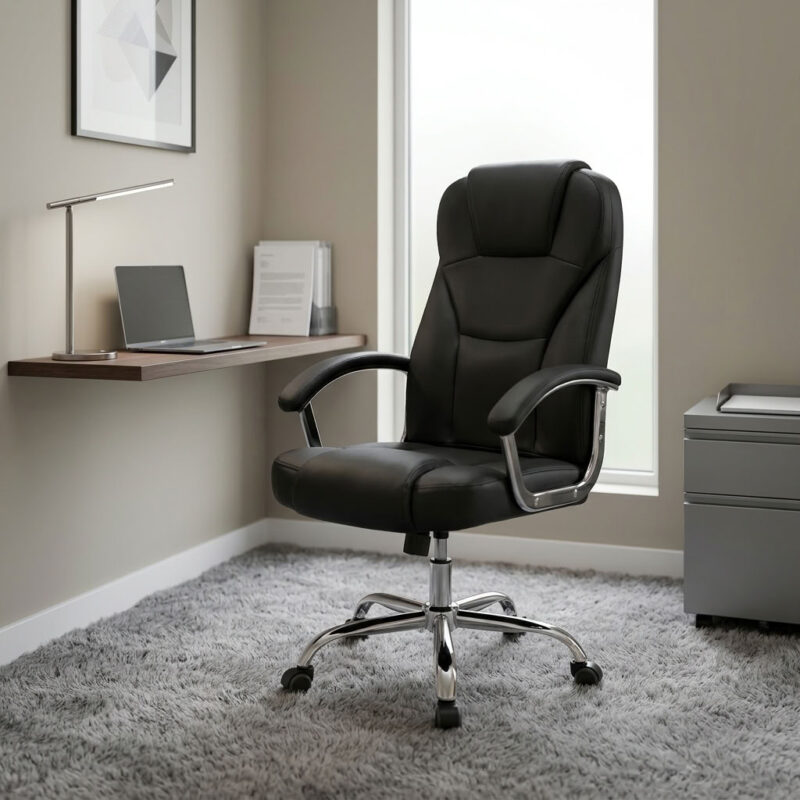 Leather swivel office seat featuring plush black faux leather upholstery with segmented ergonomic backrest padding and integrated headrest support, padded armrests with polished chrome accents, pneumatic seat height adjustment with tilt and swivel mechanism, and a heavy-duty polished chrome five-star base equipped with smooth-rolling dual-wheel casters.